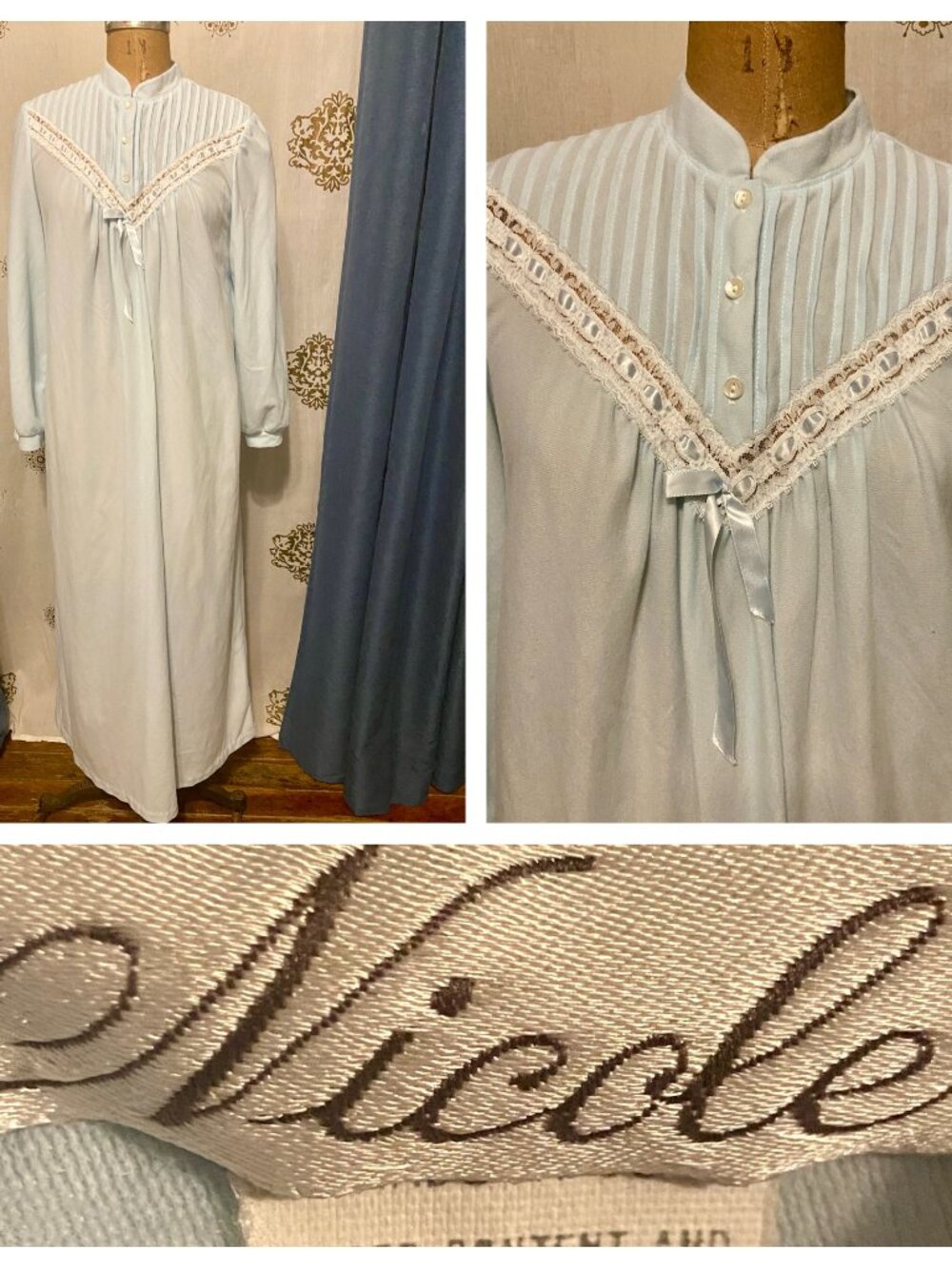 Vintage Nicole Flannel Blue Victorian Nightgown Embroidered Lace USA M ILGWU